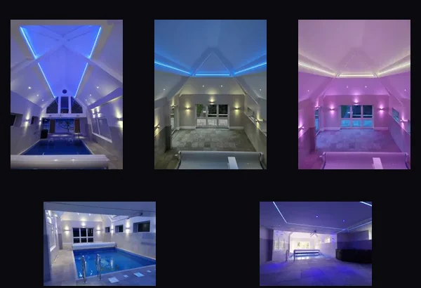 Indoor pool and architectural lighting scenes in blue and pink