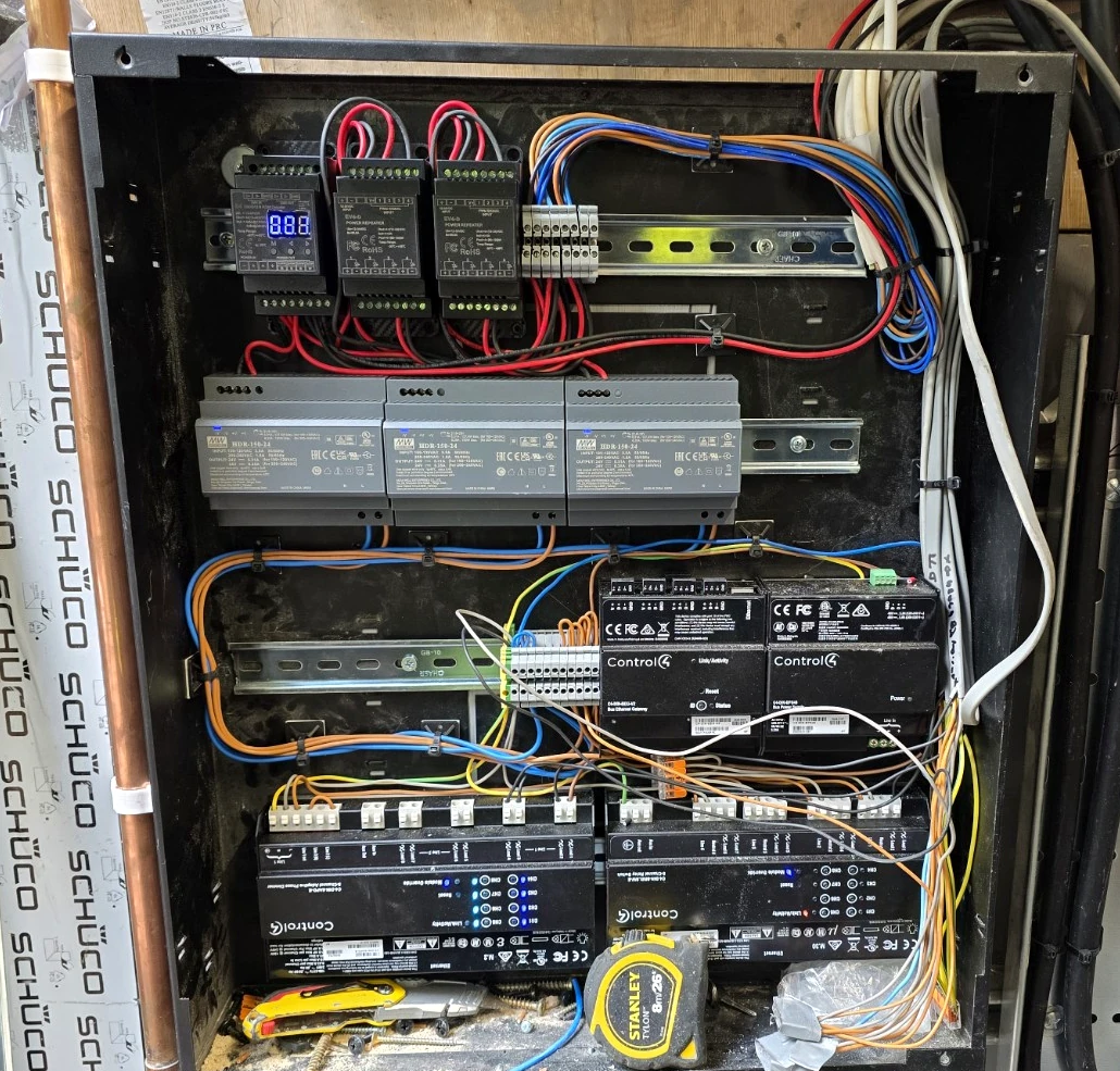A lighting-control board mid-installation