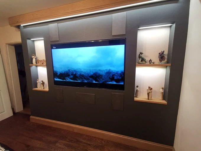 Finished InControl television feature wall with illuminated display niches