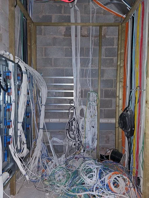 Cables laid out, grouped by type and destination, and identified.